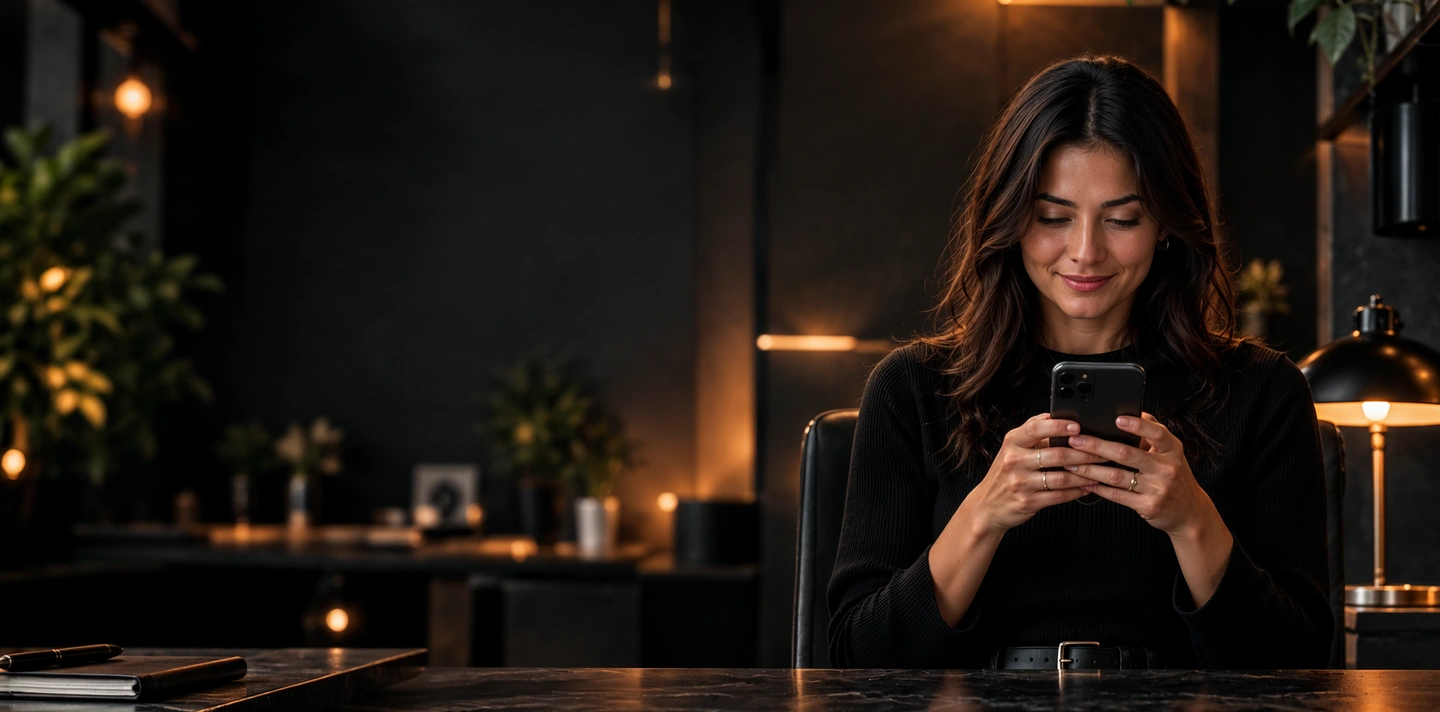 Mulher de cabelos escuros sorrindo ao olhar o celular, sentada a uma mesa de mármore preto em um escritório de luz baixa e âmbar