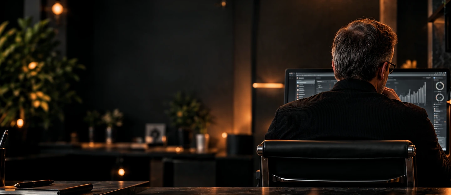 Homem de costas diante de um monitor com painel de gráficos, sentado a uma mesa de mármore preto em um escritório de luz baixa e âmbar